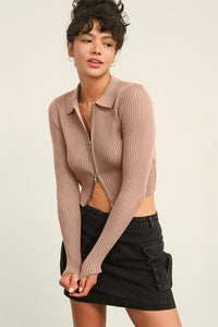 Camilla Ribbed Double Zip Cropped Cardigan in Taupe