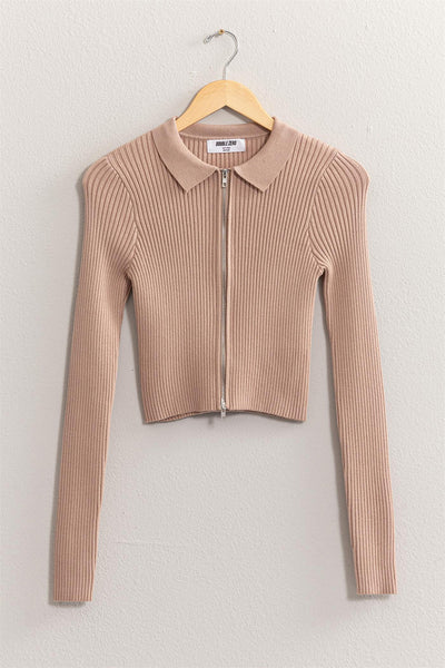 Camilla Ribbed Double Zip Cropped Cardigan in Taupe