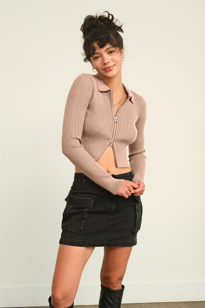 Camilla Ribbed Double Zip Cropped Cardigan in Taupe